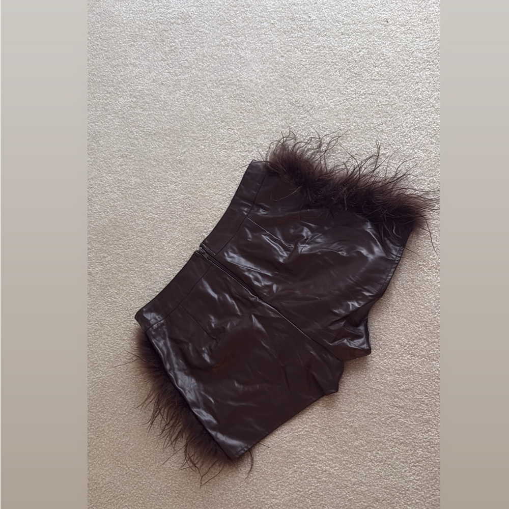 Brown Feather Trim Leather Shorts
